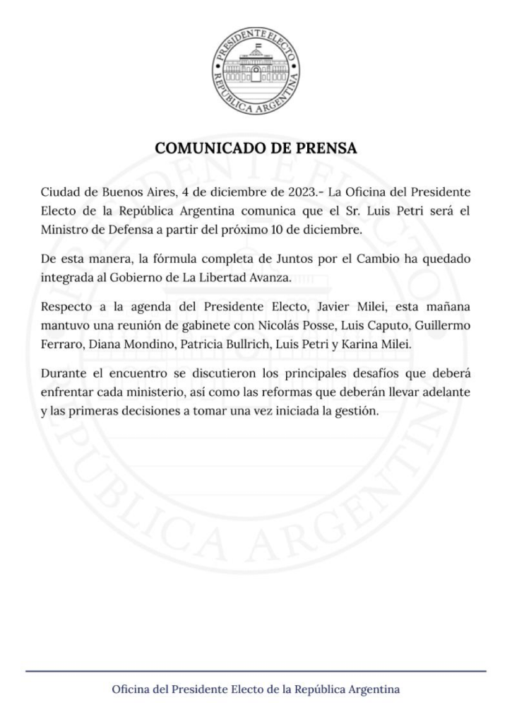 El presidente electo Javier Milei decidió integrar completita a la fórmula perdedora en las Generales de octubre en su gobierno. La Libertada Avanza Juntos por el Cambio.